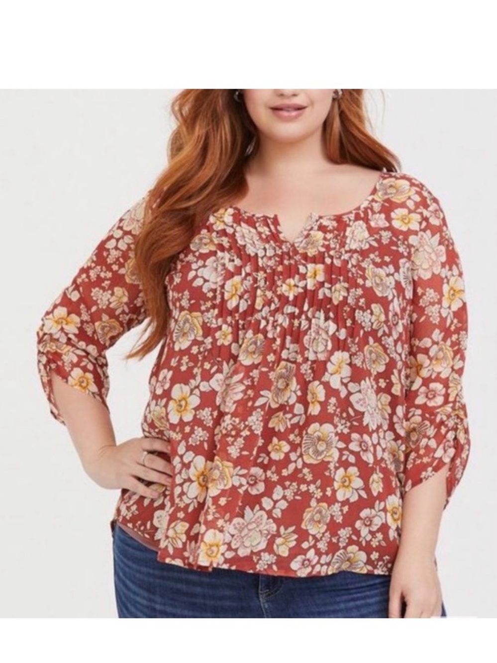 TORRID Floral Print Peasant Blouse Top 3 3X Flowers Rust Fall Autumn Chiffon